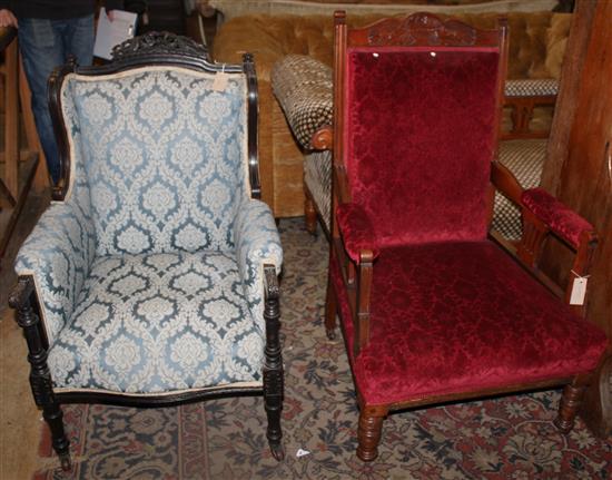 Late Victorian walnut frame armchair & a wing armchair